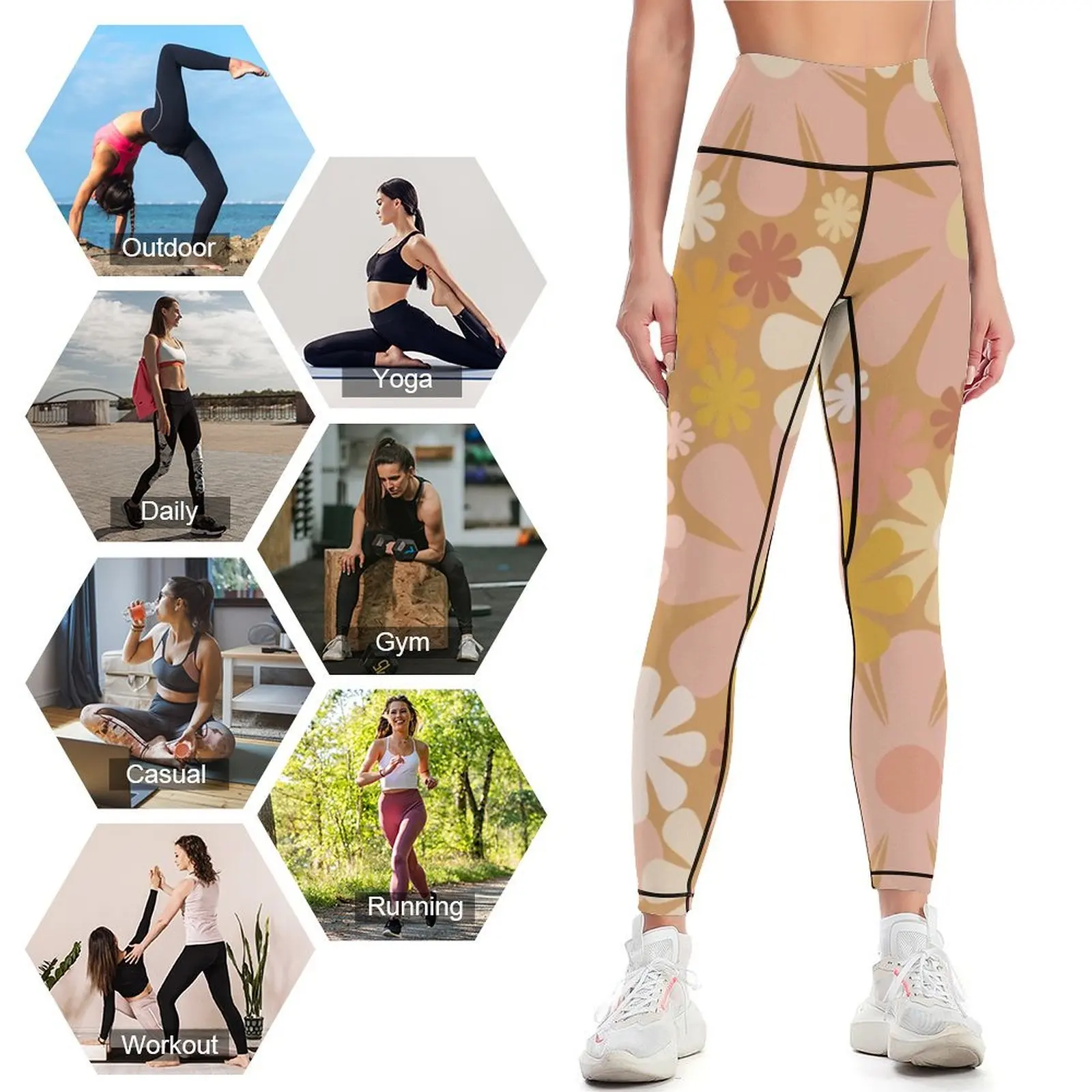 Mallas deportivas con estampado Floral para mujer, Leggings de estilo Retro de los años 60 y 70, color rosa malva ocre, para gimnasio