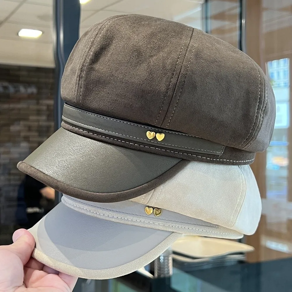 New Faux Leather Women's Octagonal Newsboy Cap Love Sun-Shading Brim Duckbill Cap Spliced Baker Boy Hat Fall Winter Wear