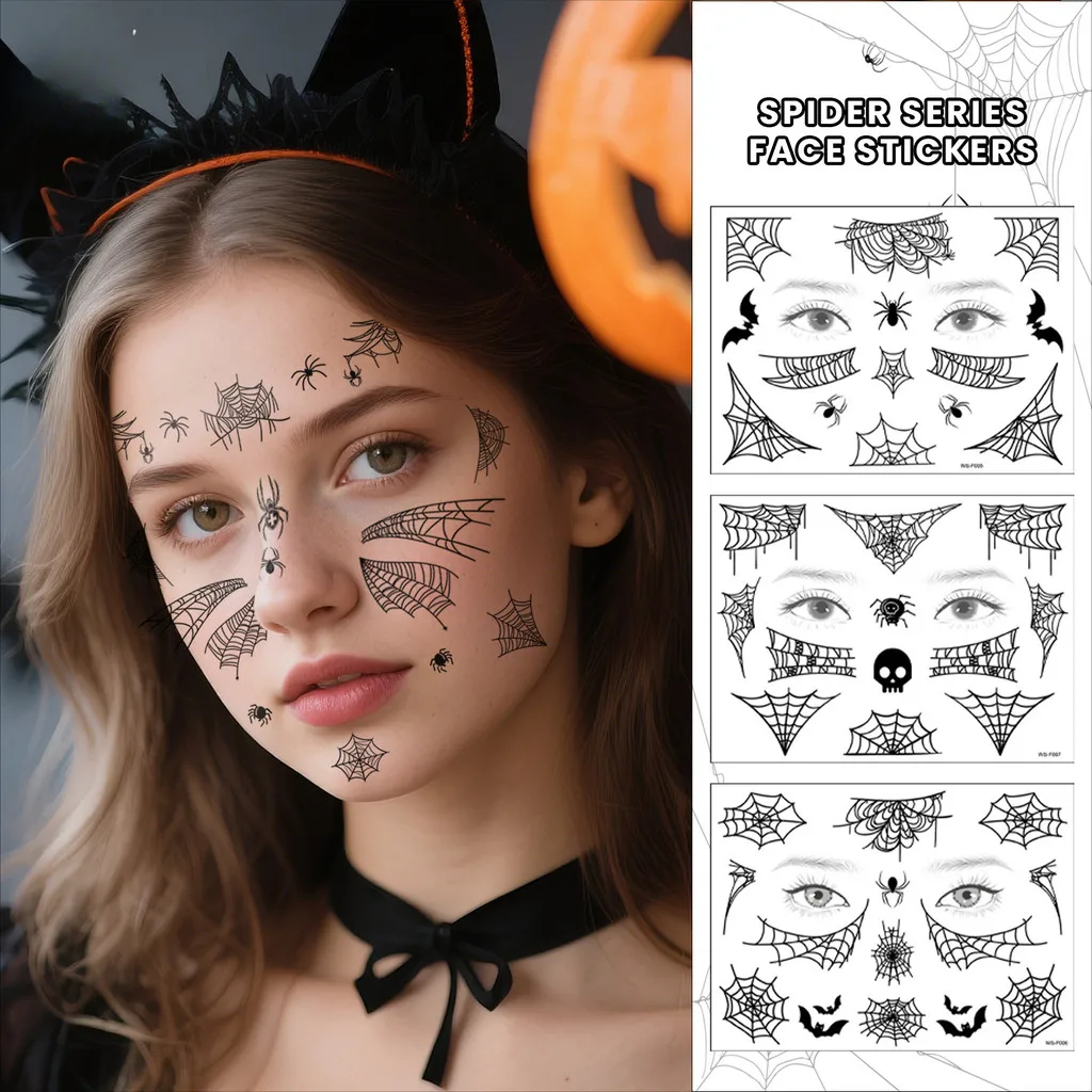 

Day of The Dead Halloween Spider Web Tattoo Face Makeup False Temporary Waterproof Sticker Art Tattoos for Women Party Decals