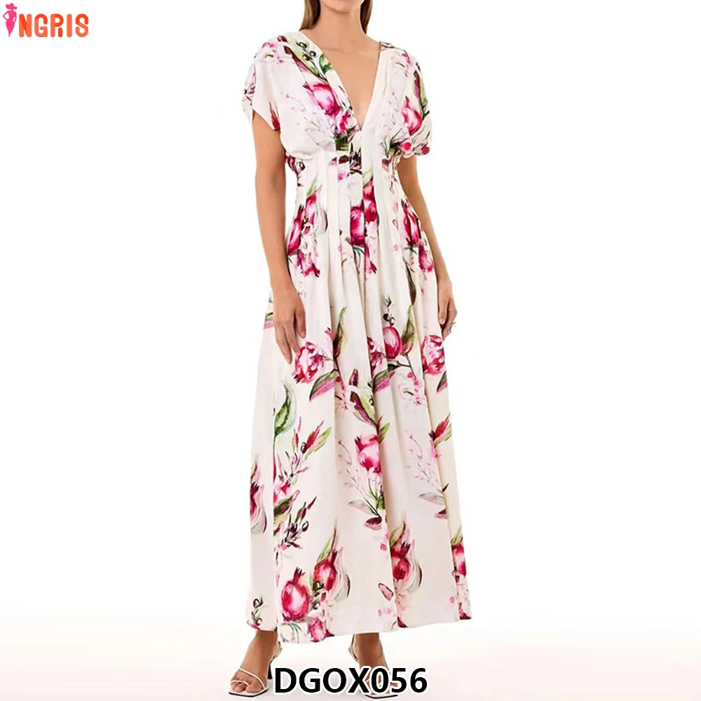 

2025 Summer New V-Neck Printed Fashion Design Short-Sleeved Backless Long Dress for Women-DGOX056