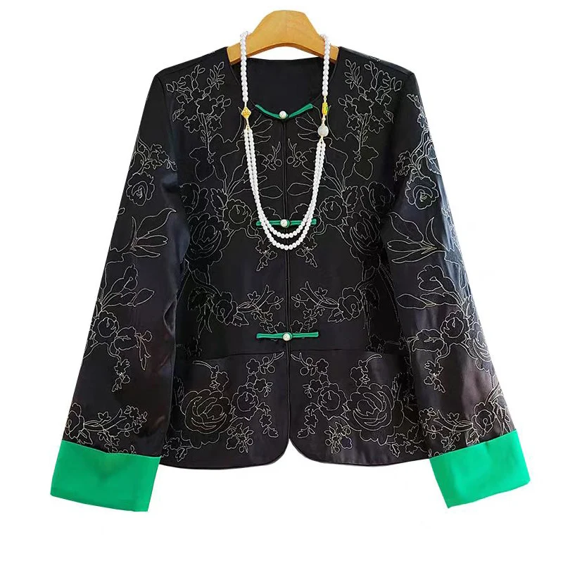 Advanced New Chinese Style Black Women's Acetate Fabric Embroidered Coat Autumn New O-Neck Contrast Cuffs Fashion Jacket S-XL