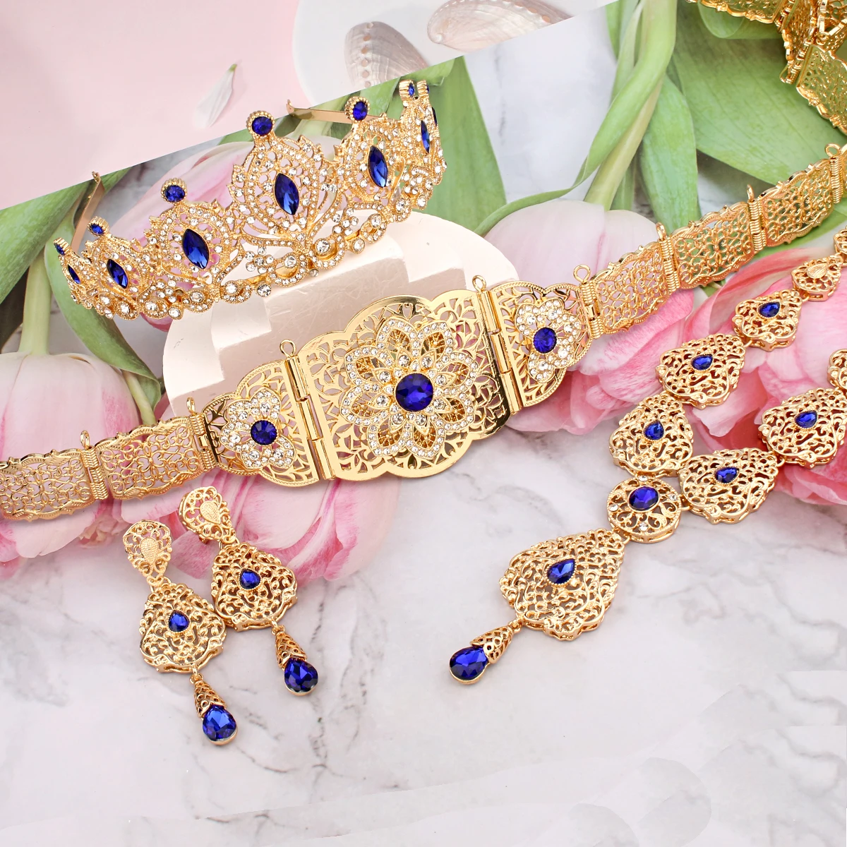 Royal Blue Crystal  Morocco Wedding Jewelry Set Arabic Birdal Full Set Middle East Conjuntos Feminino Elegante Mohther Gift