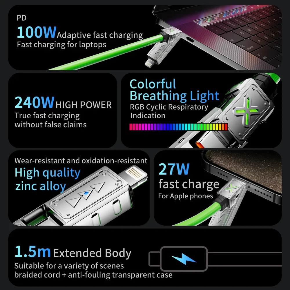 2 قطعة 240 واط 4 في 1 كابل بيانات شحن سريع للغاية USB-C إلى Type-C كابل سبائك الزنك آيفون سامسونج هواوي شاومي متعدد المنافذ #3