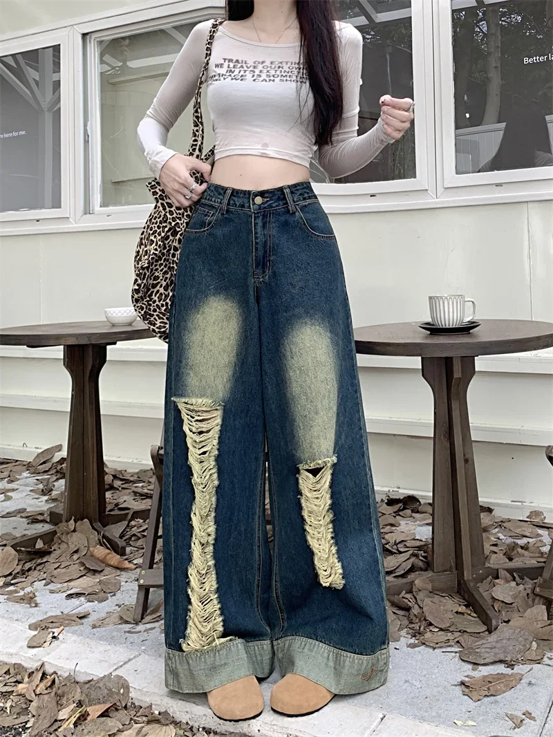 

Women's Long Strip Hole Design Jeans Street Cool Girl Bottoms Wide Legs Unisex Pants Female Distressed Baggy Denim Trousers 3XL