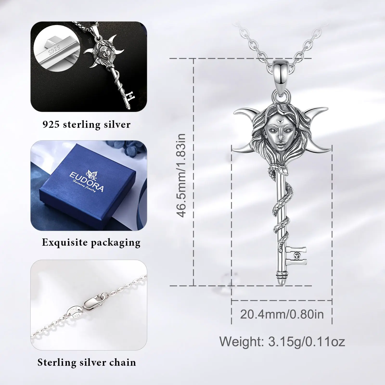 Eudora 925 Sterling Silver Hecate Necklace Snake Key Triple Moon Goddess Amulet Pendant Pagan Witch Jewelry Gift for Women Man