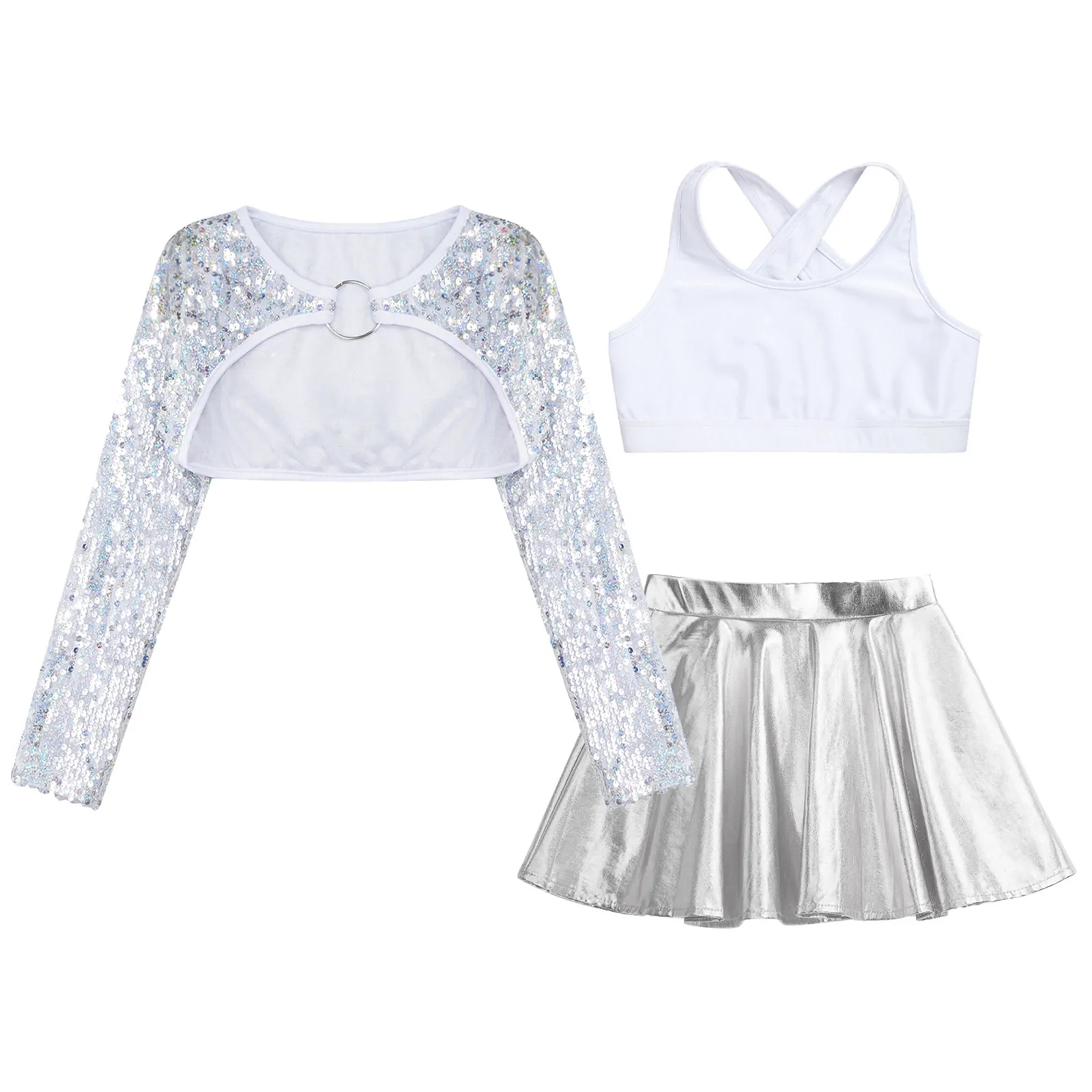 Tenue de danse jazz pour filles, col en U, fibre brillante, paillettes scintillantes, haussement d'épaules BEmbed o, haut court à manches longues, jupe métallique, enfants, ensemble de 3 pièces