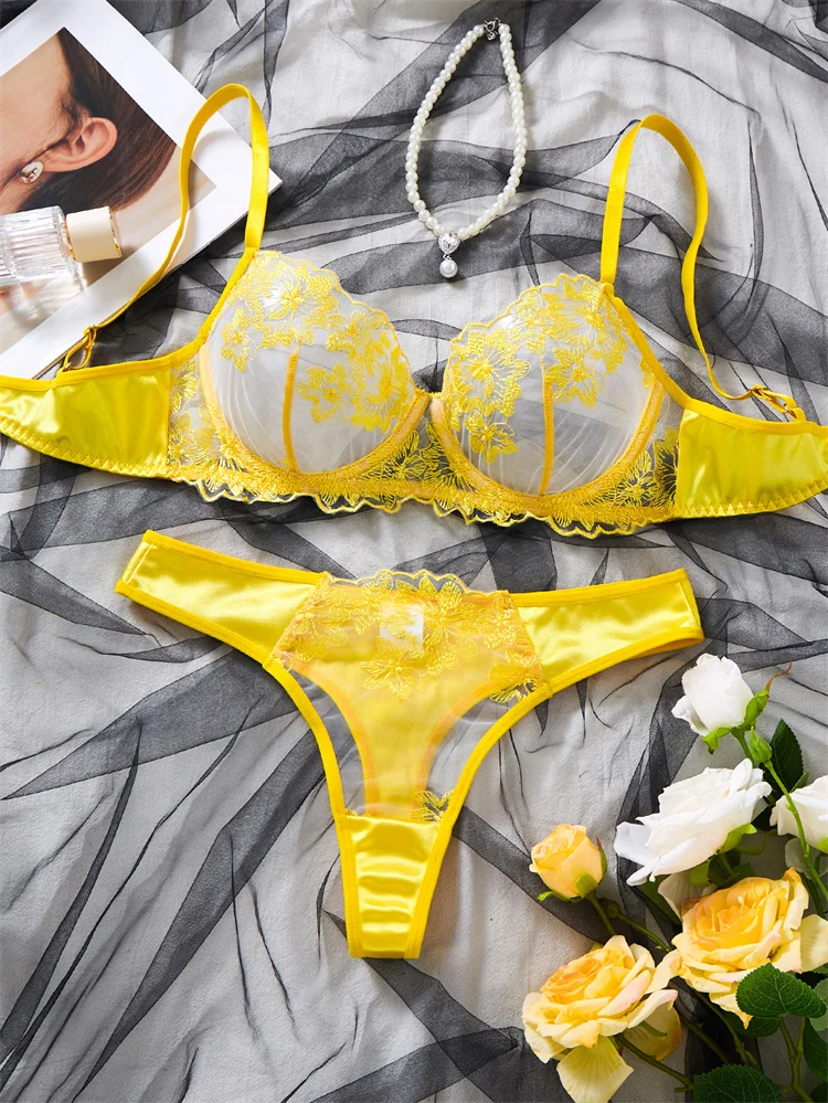 Luxury Satin Lingerie Set Sheer Mesh Splicing Women's Underwear Delicate Embroidery Sexy Intimate Underwire Bra and Panties Sets