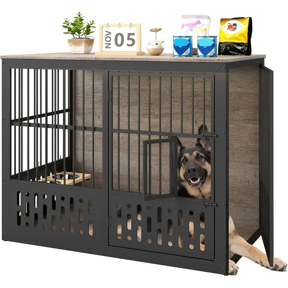 

48-дюймовый ящик для собак XXL, деревянный питомник для собак Chewproo с интерактивным окном, 360° ° Регулируемые чаши (5 высотов), Хранение Т