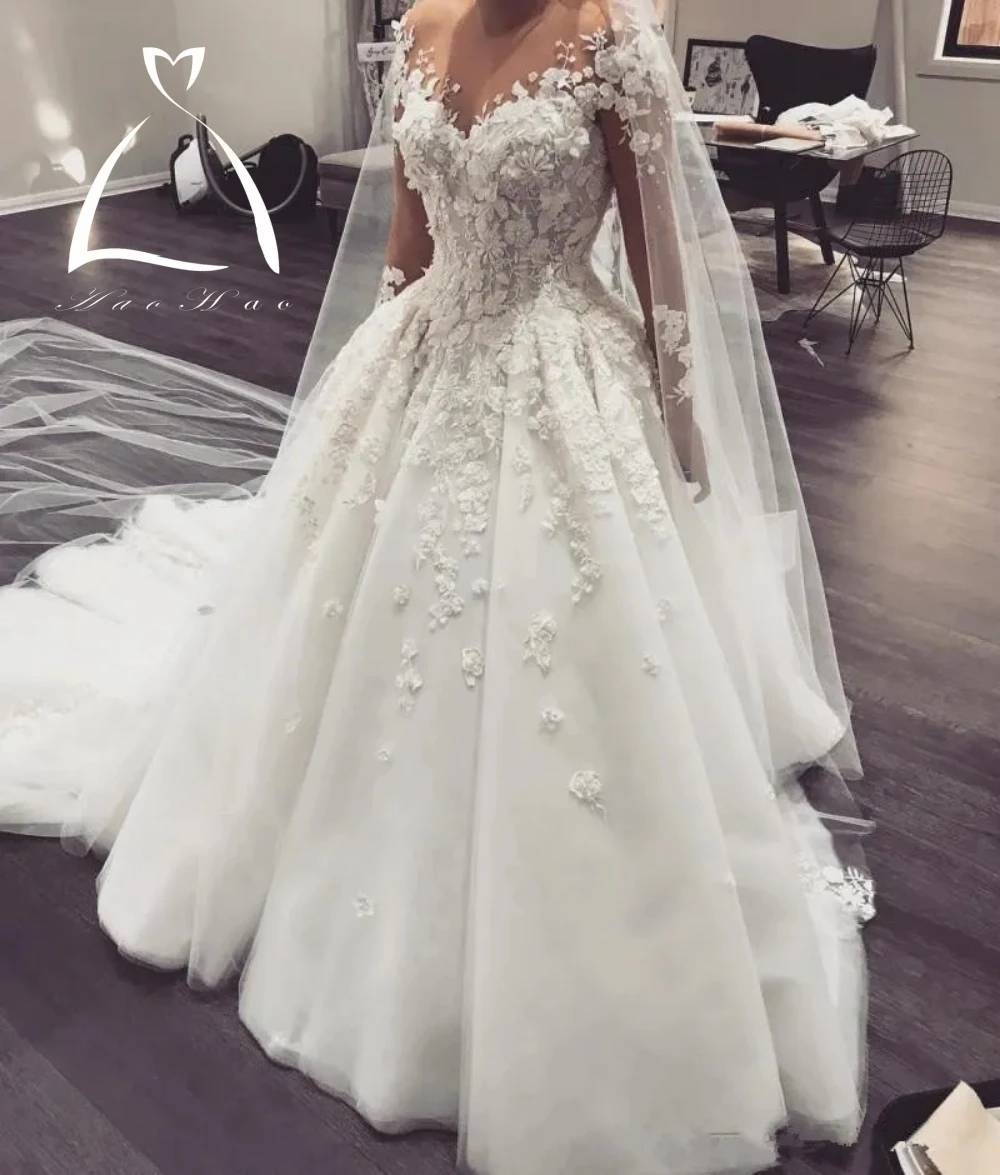 Vestidos de novia árabes de línea A, cuello de joya transparente, mangas largas, apliques de encaje Floral 3D, cuentas, cola de corte de talla grande, tul nupcial G