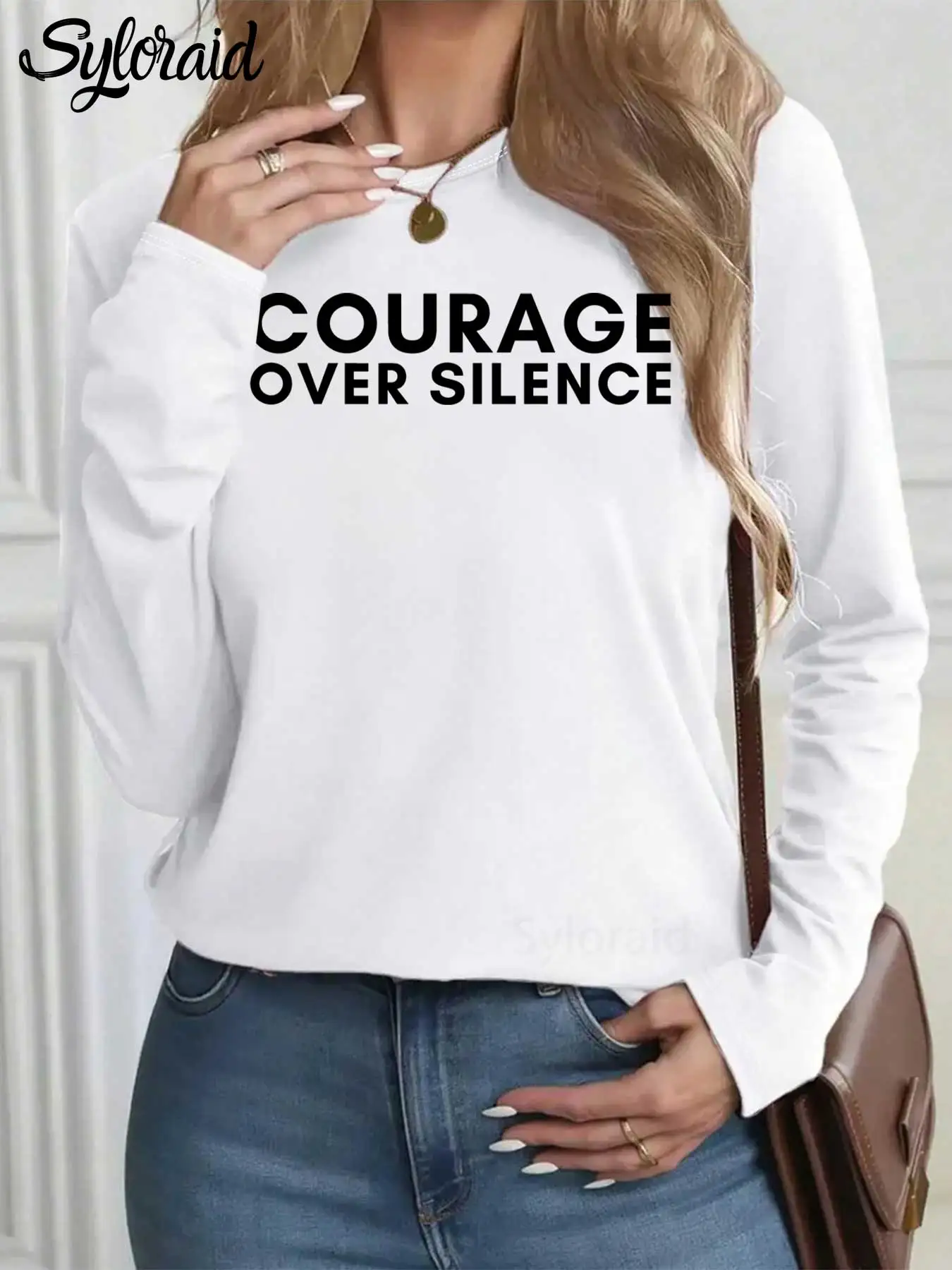 レディース長袖 Tシャツ Courage Over Silence Freedom Faith プリント Tシャツ ファッション ラウンドネック カジュアル トップ