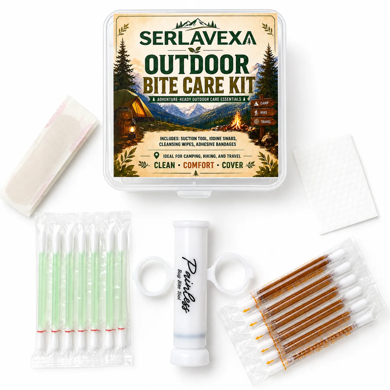 Portable Insect Bite Care Kit with Manual Suction Tool, Cleansing Swabs, Wipes and Bandages for Camping Hiking Travel