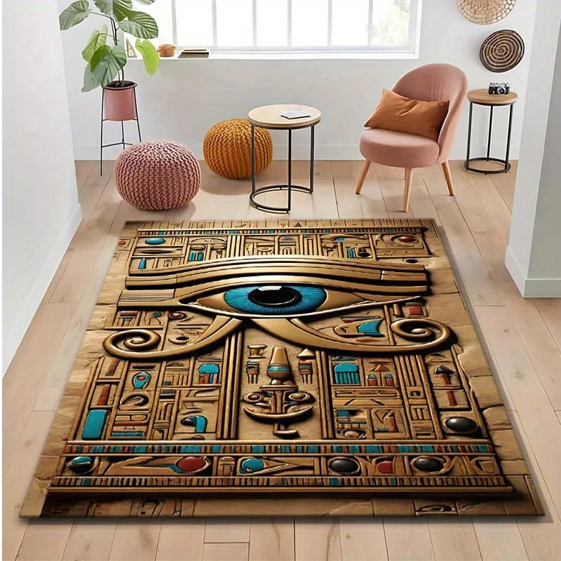 Luxury 3D Eye of Horus Egyptian Rune Printed Non‑Slip Rug, Intricate Hieroglyph Decor Floor Mat for Bedroom, Living Room