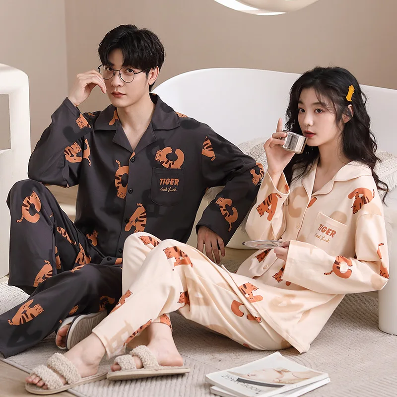 Pijama de algodão coreano para casais, loungewear primavera, pijamas para meninas, pijama de lapela doce, terno japonês masculino