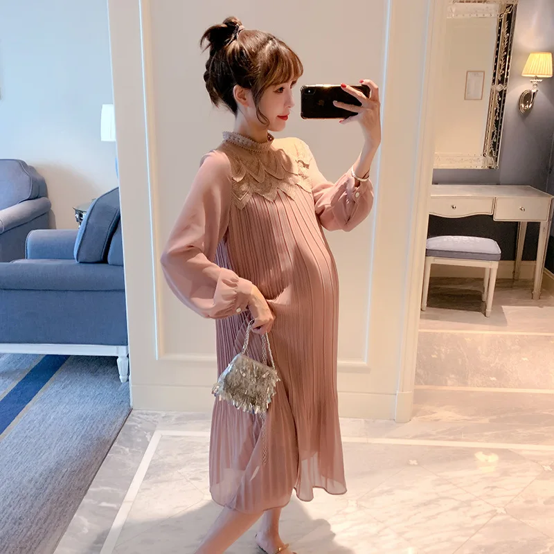 Fashion Korean Style Pleated Chiffon Maternity Long Dress Loose Straight Clothes for n Pregnancy Pink Dresses Clothing