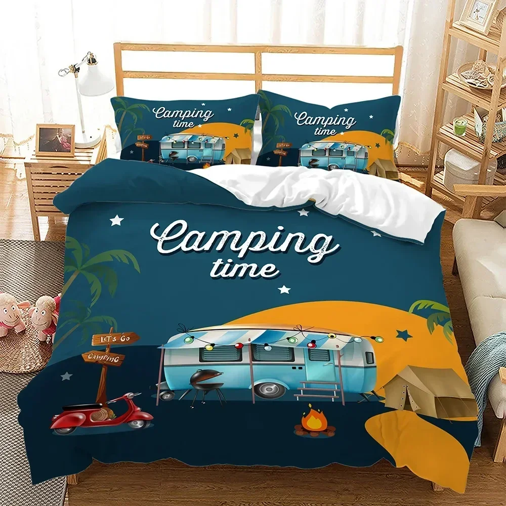 

Camper Time Print Bedding Set 3D Camping Car Duvet Cover Travel Theme Cartoon Camping Comforter Cover Full King for Teens Adult