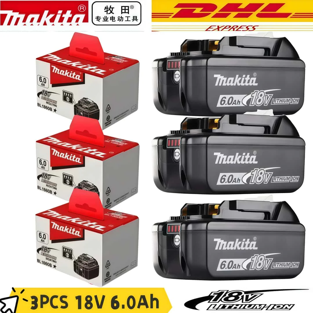 6Ah 100% Original Makita 18V Akku BL1860B Wiederaufladbarer Lithium-Ionen-Akku für Makita 18V Elektrowerkzeuge. Ersetzt den Original-Akku.