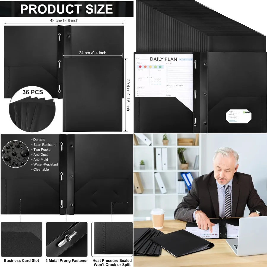 

Cholemy 36 Pcs Plastic Pocket Folders with Prong 2 Heavy Duty Pockets Folders with 3 Prongs Letter Size Paper Folders Bulk File