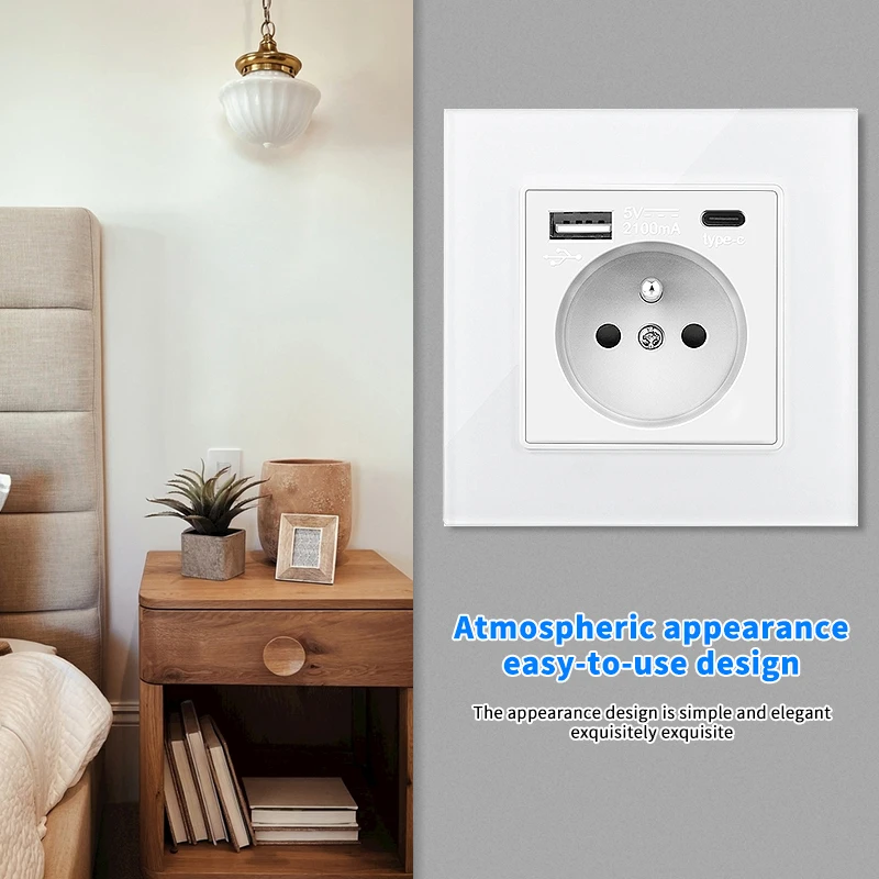 UBARO France Standard  Home Outlet With USB Type C Electrical Plug White Tempered Glass Panel Single Wall Socket 110-250V 16A