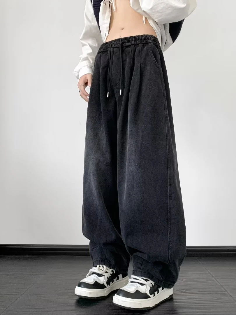 Retro Japanese Style Drawstring Denim Jeans for Men Loose High Street Wide Leg Pants Harlan Long Trousers Youth Casual Wear