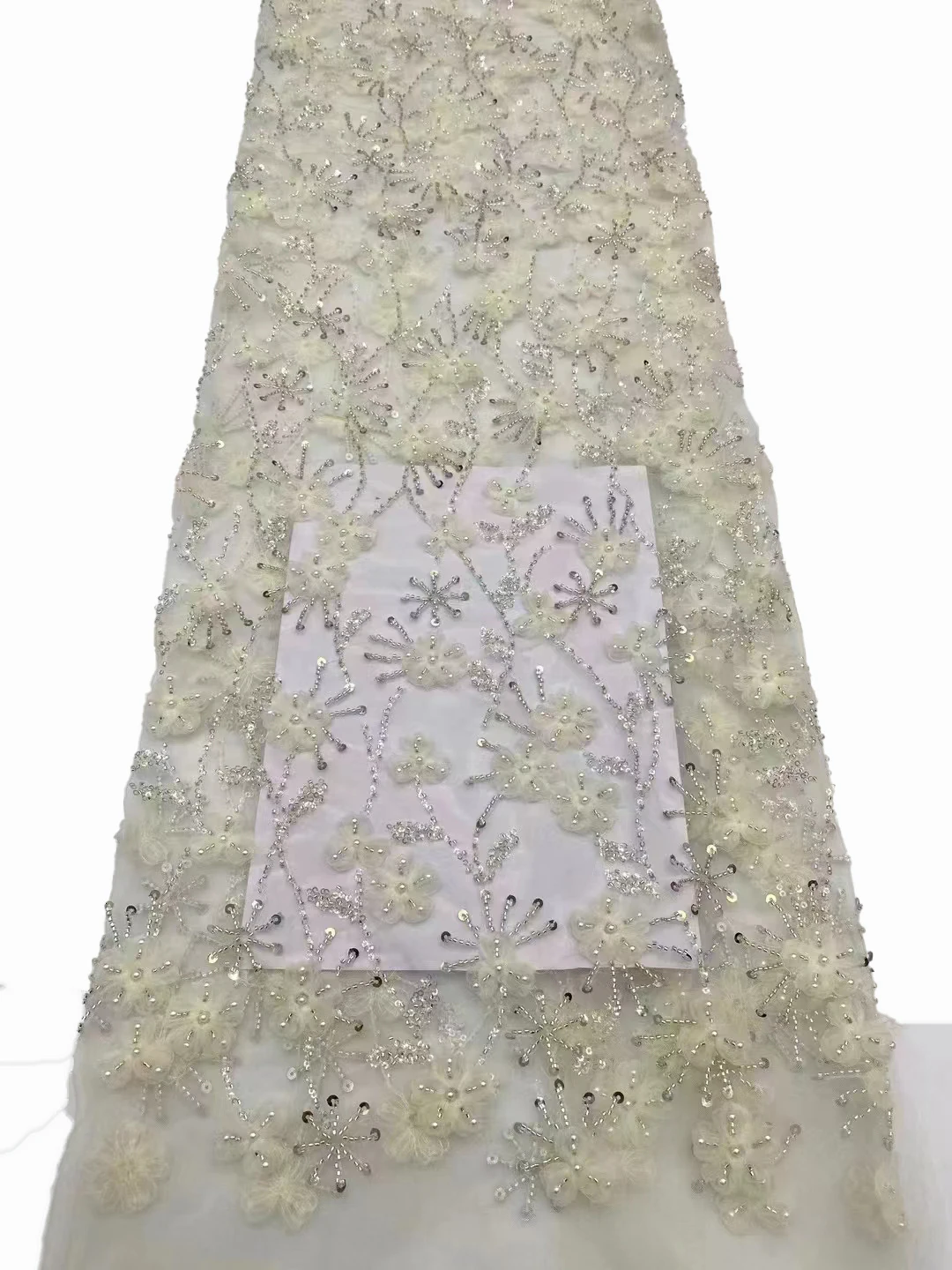 3D three-dimensional lace embroidery mesh beads embroidery fabric, fine sequins bead tube sewing wedding dress fabrics