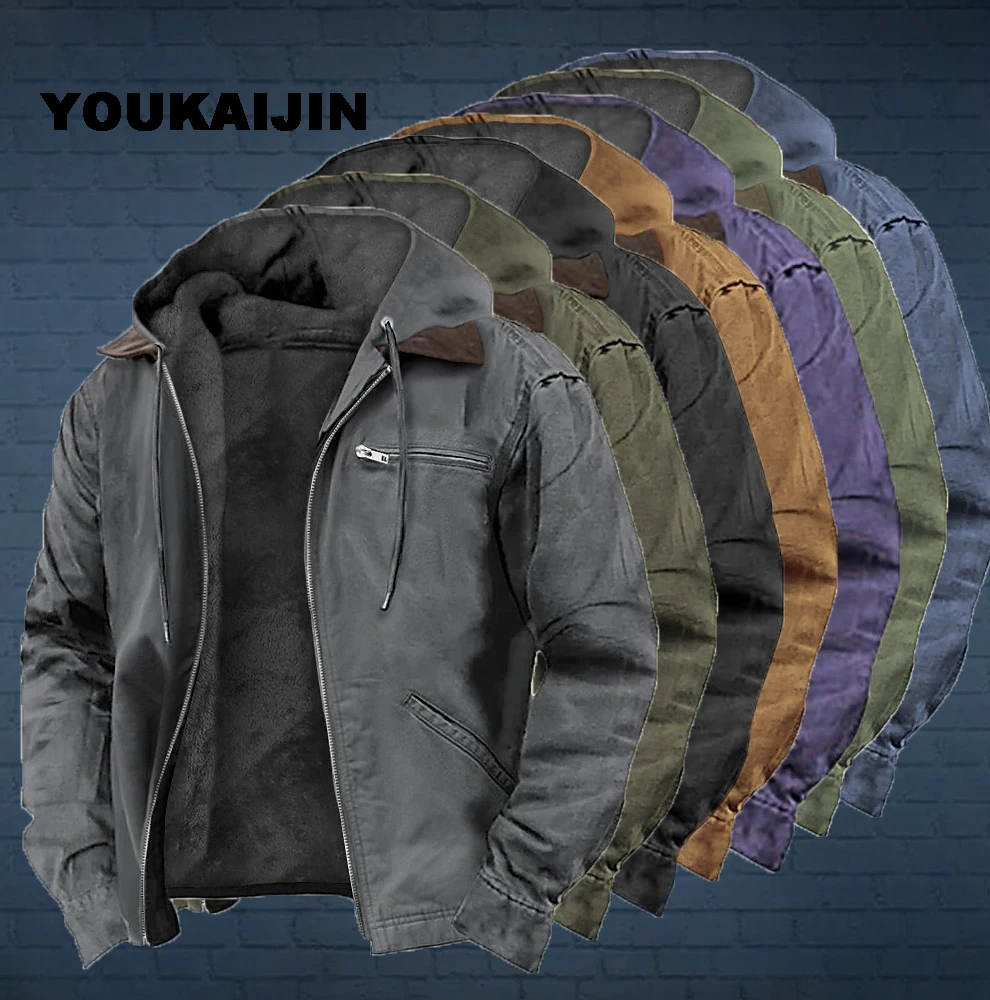 

EU Size Autumn Winter Zip-up Warm Fur-lined Casual Hooded Coat Multi-pocket Outdoor Windbreaker Plush-lined Short Coat Jacket