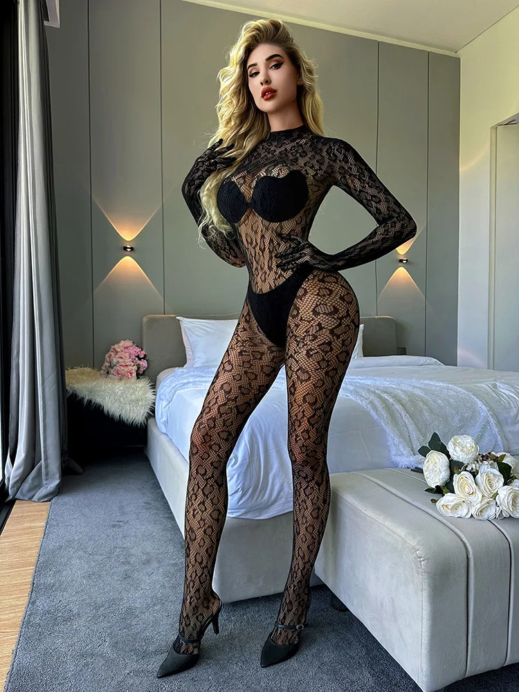 Leopard Fishnet Bodystocking, Hollow Out Long Sleeve Backless Bodystocking, Women\'s Sexy Lingerie & Underwear