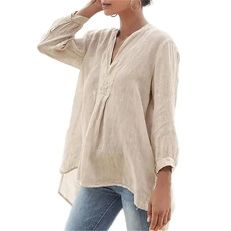 Blusa de manga larga holgada para mujer, camisa informal cómoda con cuello en V, Color liso, estilo Simple, primavera y otoño, 2024