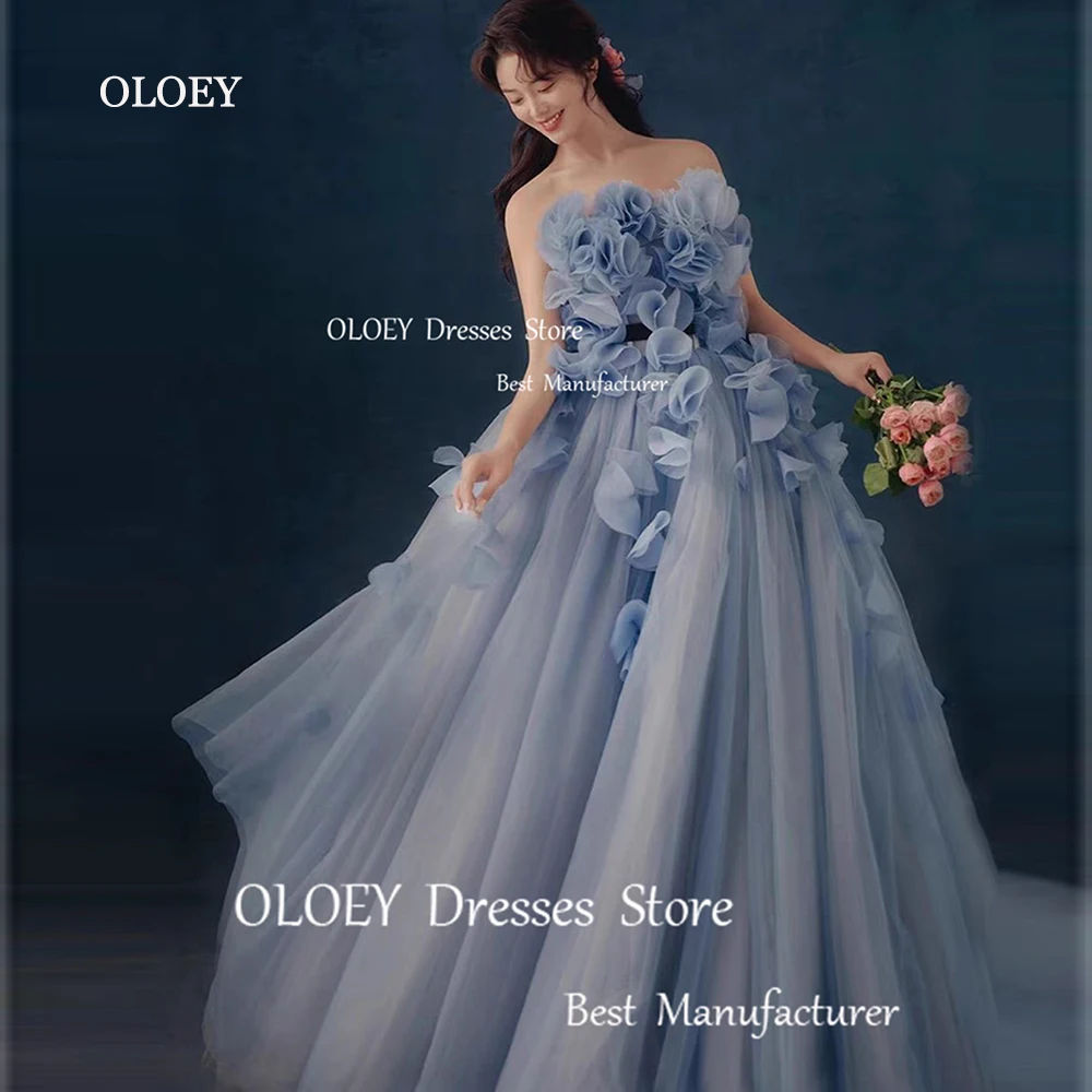 OLOEY Exquisite 3D Appliques Prom Dresses Korea Wedding Photoshoot Strapless A-Line Floor Length Formal Custom Evening Gowns