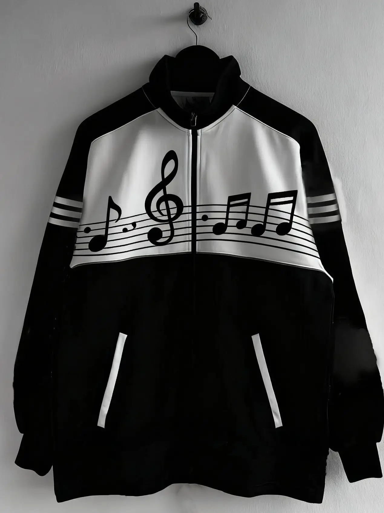Retro American Punk Rock Music Note Print Black White Contrast Color Hoodie Jacket Street Style Student Unisex Loose Fit Long...