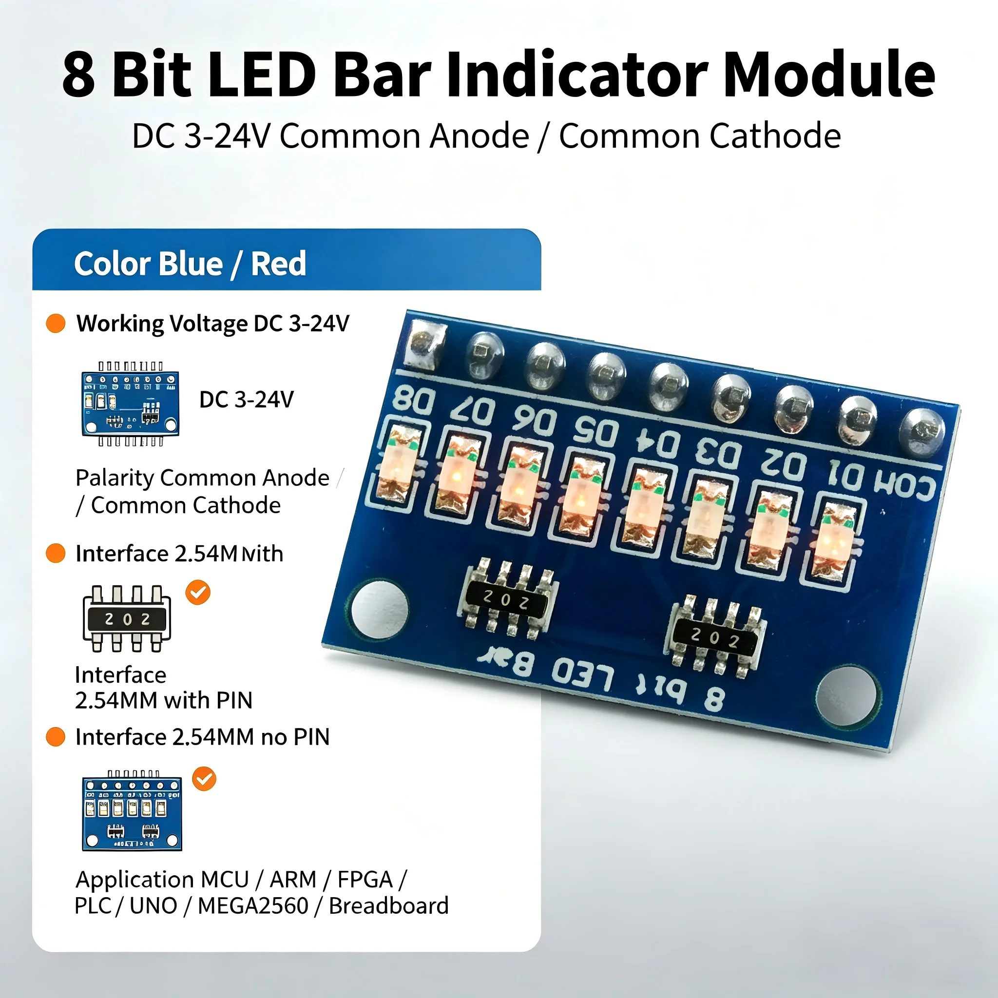 5PCS 8-Bit LED Indicator Module 3.3V/5V Red/Blue Common Anode/Cathode for Arduino Raspberry Pi - Set of 5