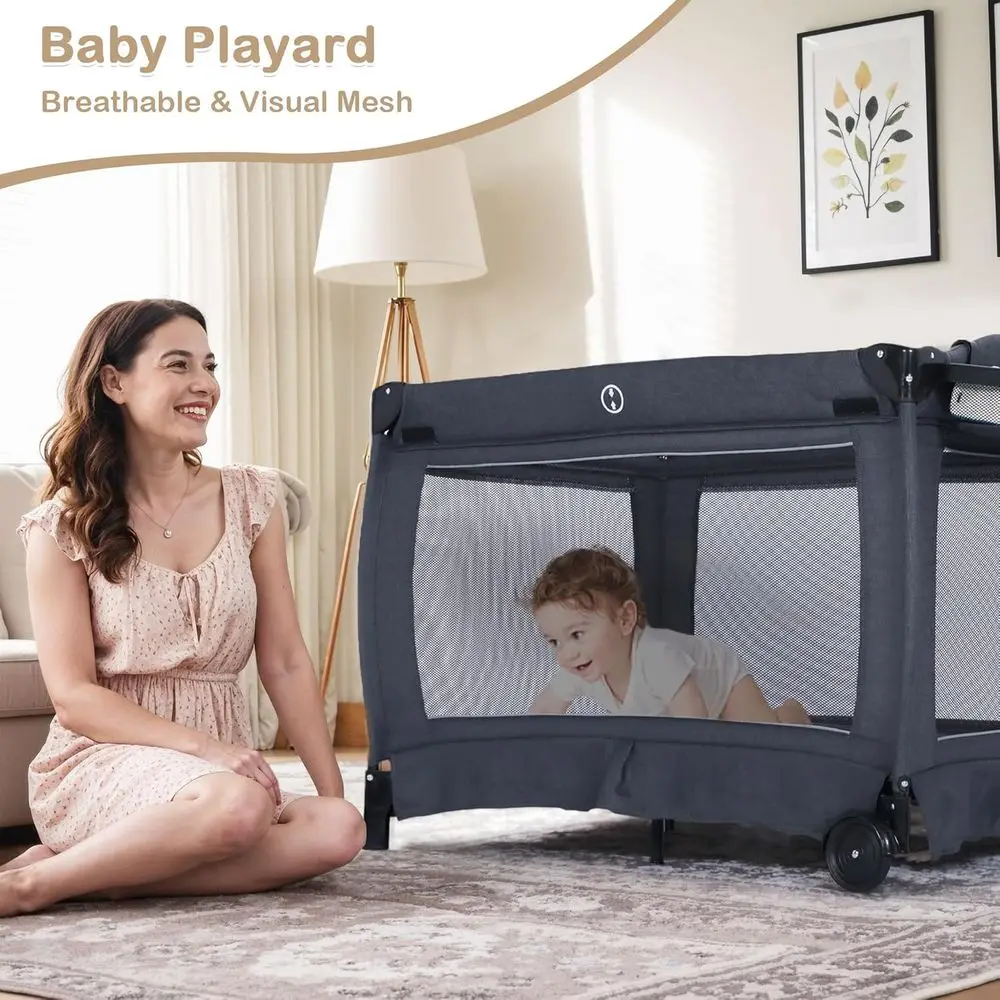 Alles-in-één opvouwbare speelplaats met commode en gaas voor baby's en peuters, grijs