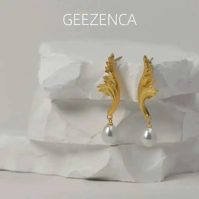 

GEEZENCA 925 Sterling Silver Pearl Dangle Earrings For Women Plant Acanthus Pattern Designer Chic Unique Earring 2024 New Gift