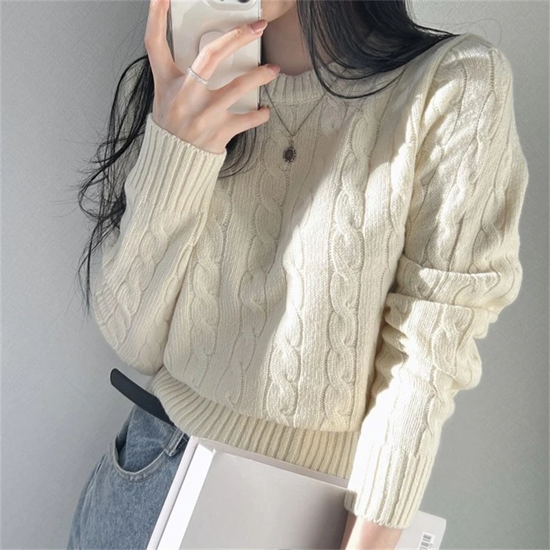 

REALEFT Autumn Winter Knitted Twist Women's Short Sweaters 2025 New Long Sleeve O-neck Bottom Casual Pullover Korean Tops Female