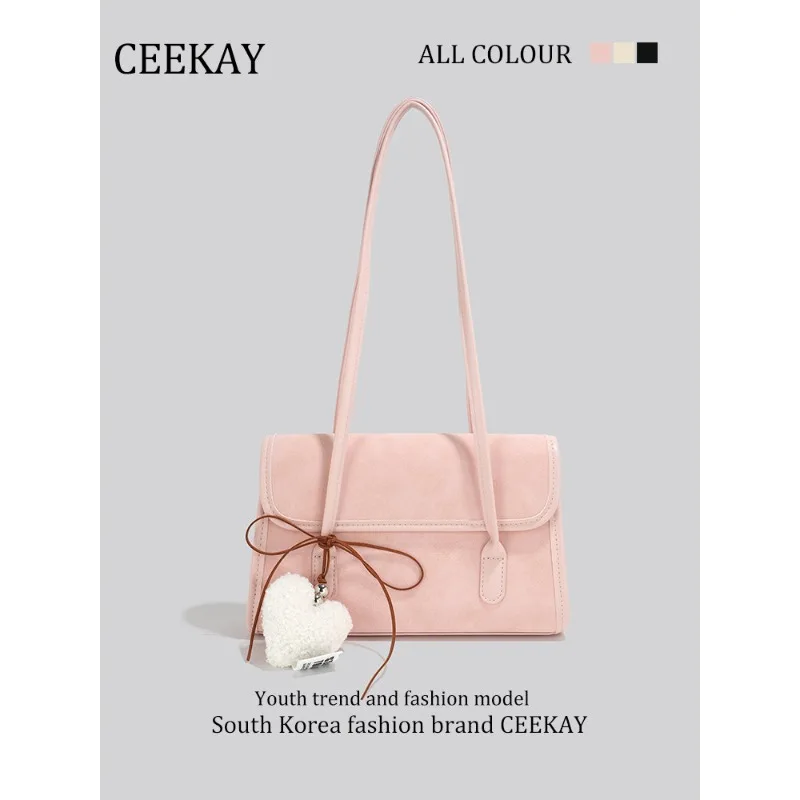 

CEEKAY Elegant Pink Handbag, Suede Vintage Tote Bag with Heart Pendant, Perfect for Daily & Work Trendy Dating Shoulder Bag 2026