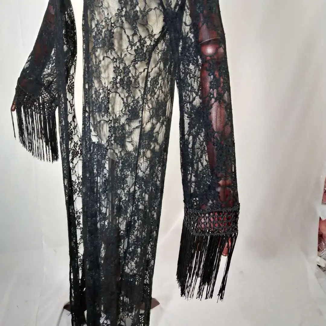 summer beach tassels maxi kimonos women hollow out lace maxi black lace kimonos lady maxi lace shirts tops