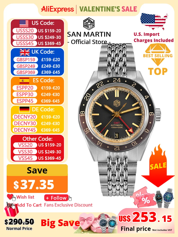 

San Martin новые винтажные потертые алюминиевые безели NH34 GMT автоматические механические мужские часы в стиле ретро с сапфировым стеклом водонепроницаемые 100 м SN0116