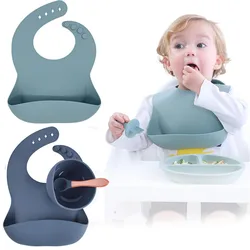 Food Grade Silicone Children Feeding Tableware Set for Babies Bib Bowl Spoon Suction Cup Compartment Plates for Food Kids