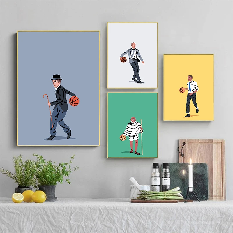 Modern Minimalist Cartoon Characters Playing Basketball Abstract Poster Canvas Paintings Wall Art Pictures Home Decor