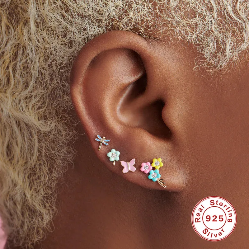 925 Sterling Silver Korean Earring 2023 New Trend European and American INS Enamel Color Butterfly Stud Earrings Jewerly