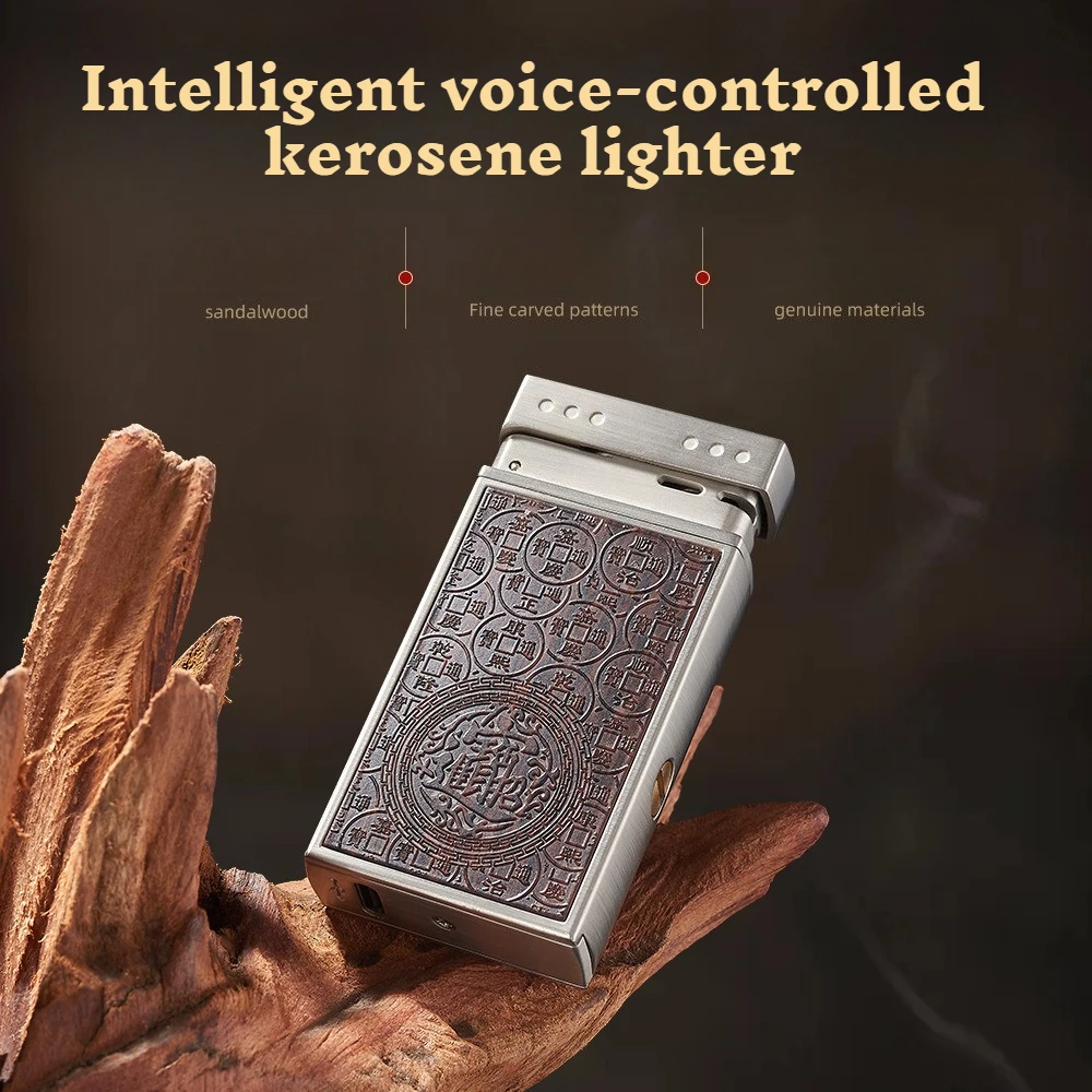 Vintage Sandalwood Voice-Activated Lighter, Black Tech Sensing Flameless Lighter, Premium Refillable Gift for Men