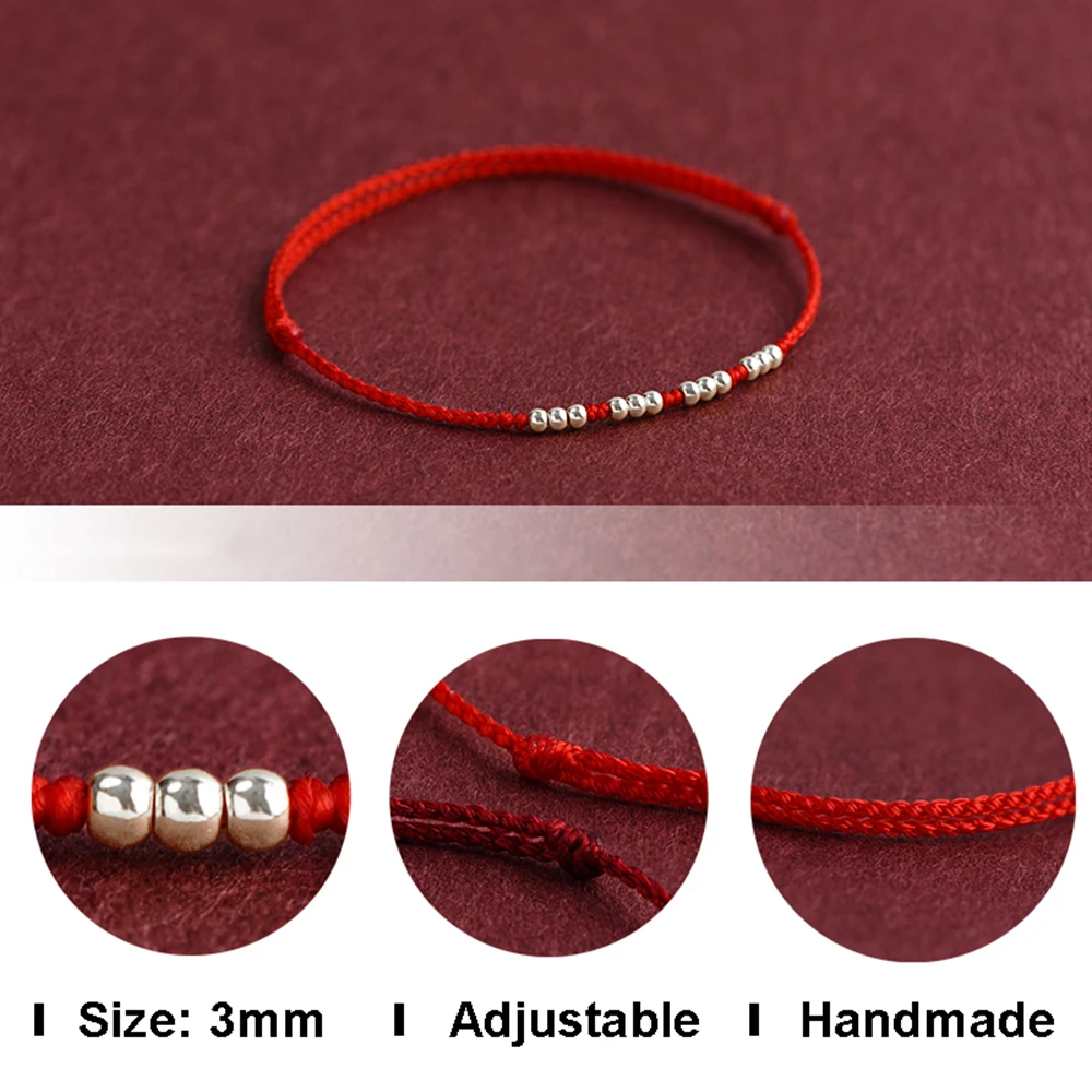 Thin Red String Bracelet with 12 Silver Color Beads for Protection Adjustable Handmade Red Rope Bracelets for Women Men Girls