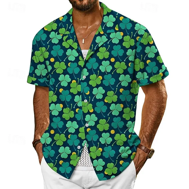 

Зеленая мужская рубашка Lucky Clover на день Святого Патрика с коротким рукавом, мужская одежда с 3D принтом, летняя повседневная фестивальная одежда унисекс, топы