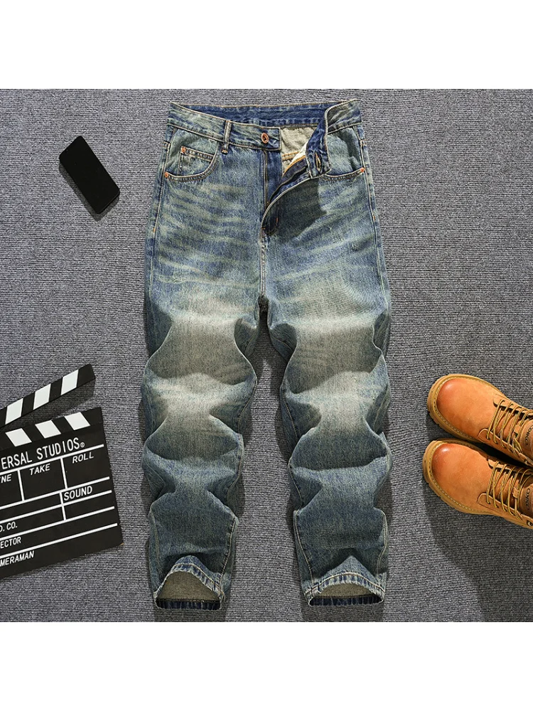 Koreańskie luźne jeansy męskie z prostymi nogawkami, moda retro high street dla mężczyzn, codzienne szerokie spodnie do ziemi.