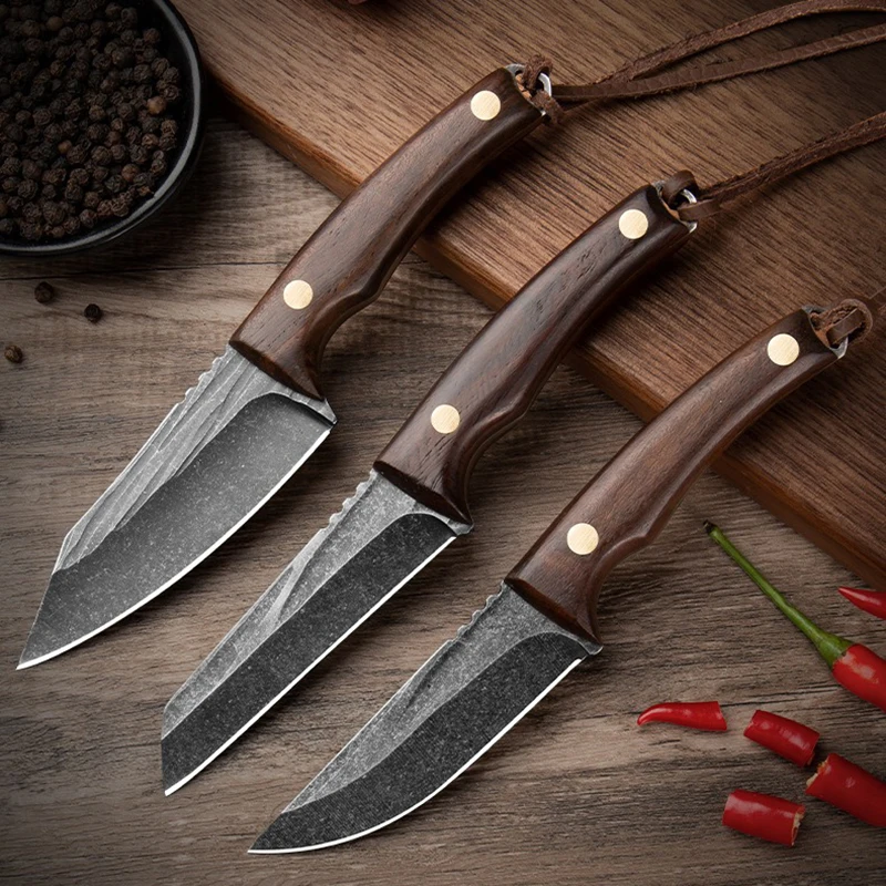 Hand Forged Boning & Chopping Kitchen Knife Sharp Wooden Handle Multifunctional Straight Handle Outdoor Adventure Knife