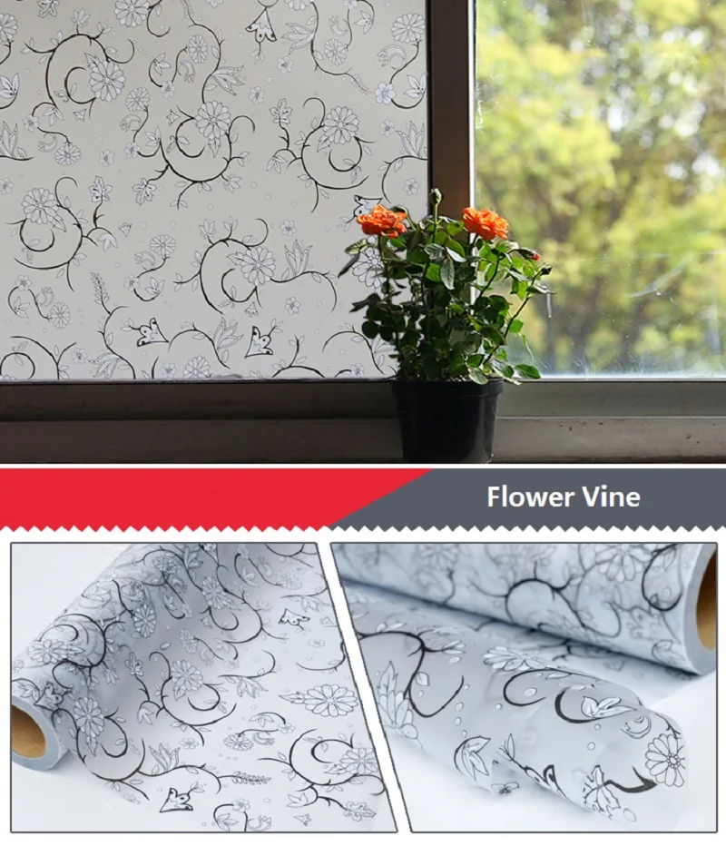 Self-Adhesive Window Film Flower Vine PET Anti-UV Glare Reduction Explosion-Proof Home Decor Durable Frosted Stained Glass Cover