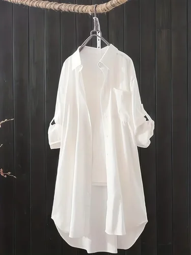 Blusa informal de talla grande 1XL-5XL para mujer, blusa elástica ligera con botones y manga enrollada