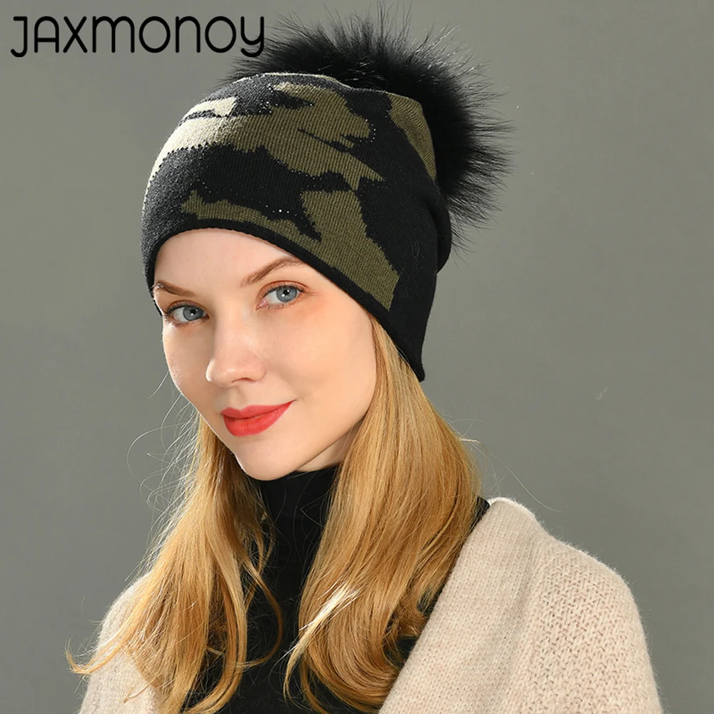 

Jaxmonoy Winter Cashmere Knitted Beanie Hat For Women With Big Real Raccoon Fur Pom Pom Fashion Camo With Rhinestones Skullies