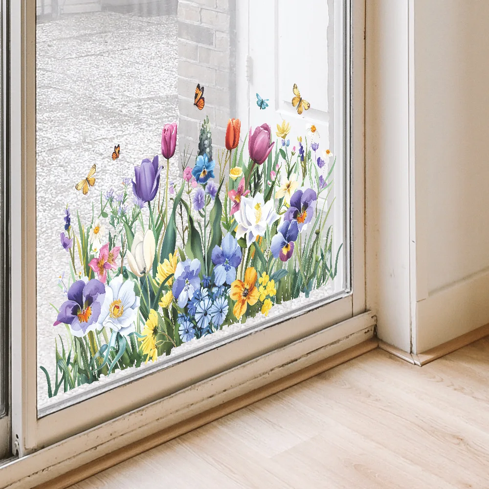 Fashion new flower clusters painted tulips butterfly leaves Glass doors and Windows home decoration window stickers