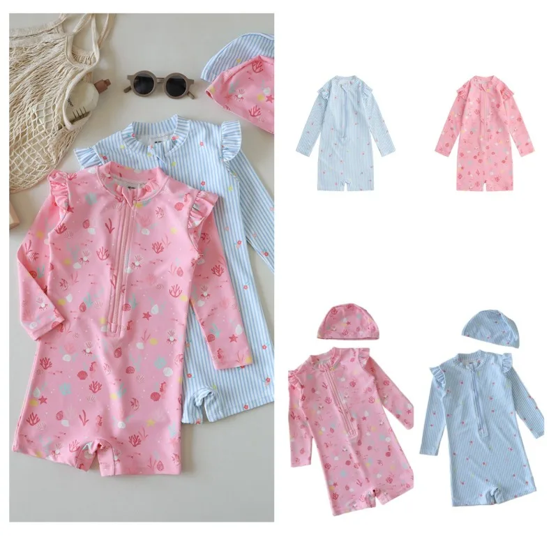 

Детский слитный купальник с длинным рукавом для малышей, защита от УФ-излучения UPF 50, быстросохнущий, для горячих источников, серфинга, купания, для девочек