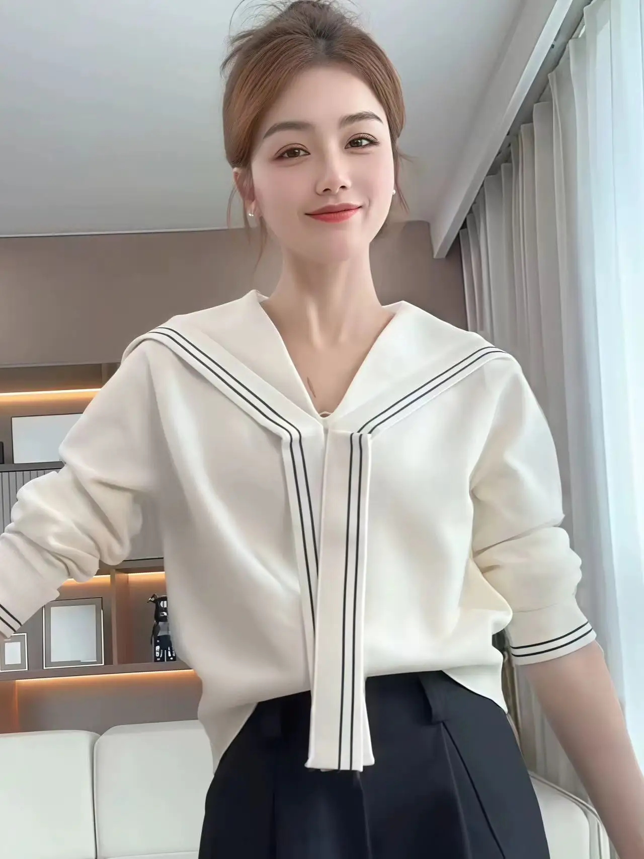 رمادي البحرية طوق مخطط متماسكة البلوز سترة قصيرة القمم عطر صغير عبرت القوس جديد الخريف المرأة ملابس داخلية غير رسمية Y2K